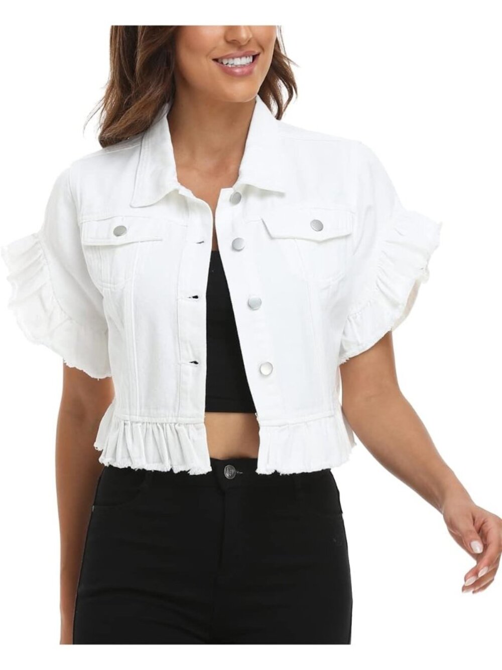 Women's White Ruffle Sleeve Button Down Distressed Summer Denim Jean Jacket